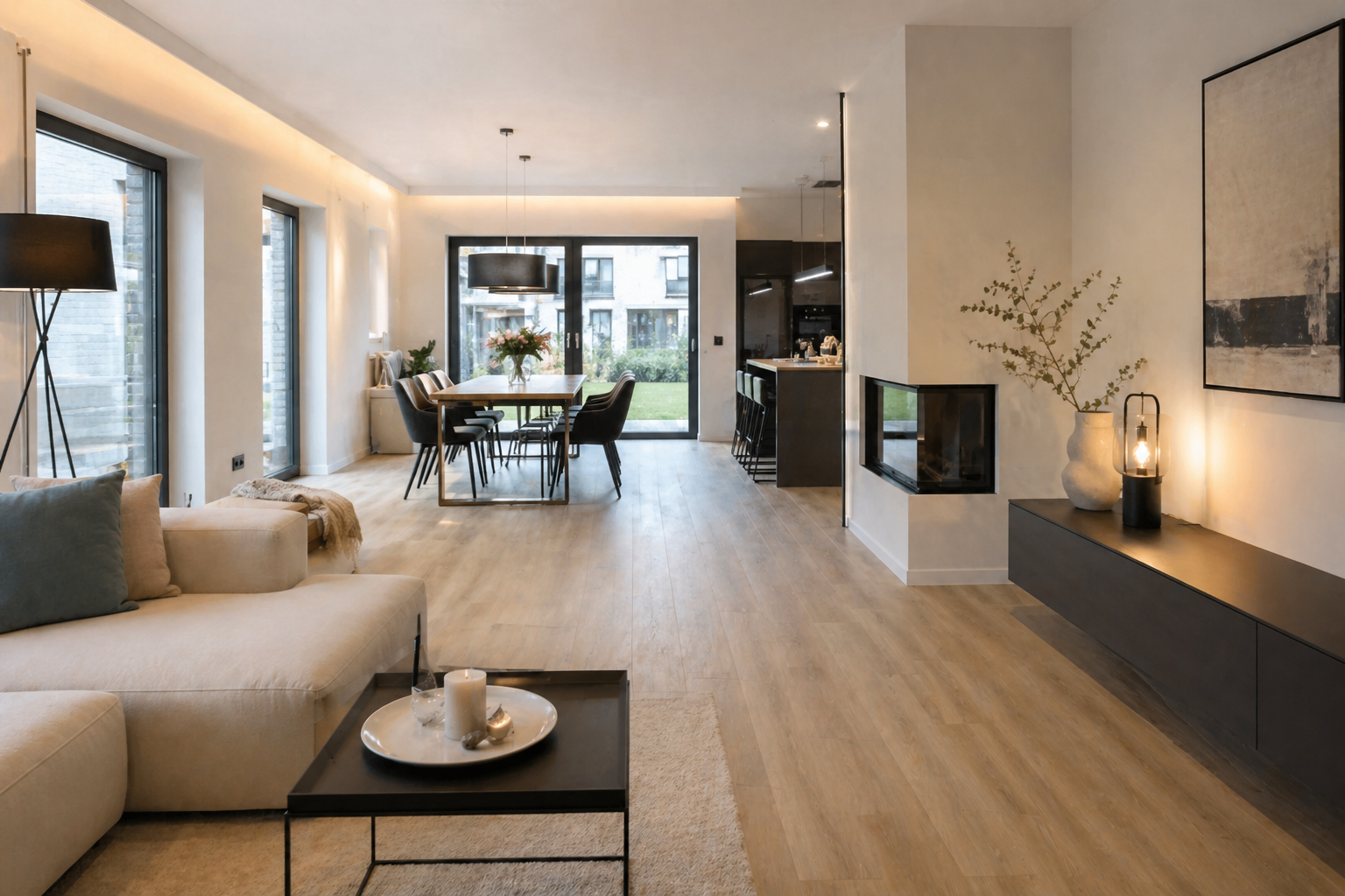 Moderner Designboden in authentischer Eichenholz-Optik, verlegt als pflegeleichte Landhausdiele.