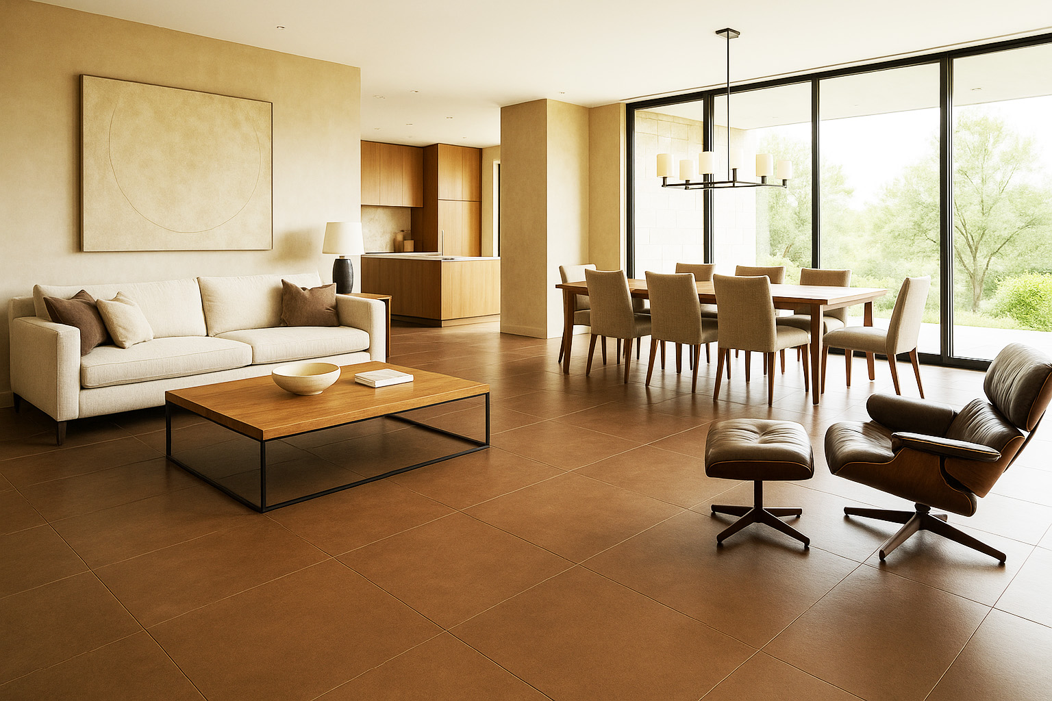 Quadratische Lederfliesen als luxuriöser und fußwarmer Leder Bodenbelag im Wohnzimmer.